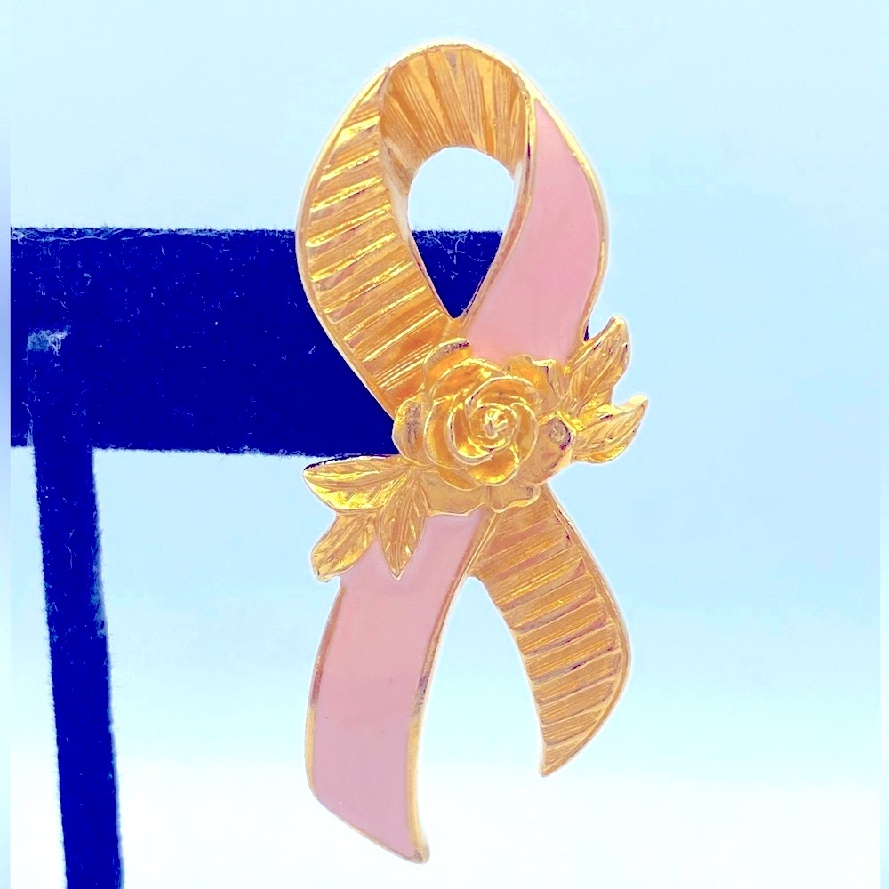 Vintage Avon Breast Awareness Gold Tone Rose And Pink Enamel Ribbon Lapel Pin